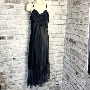 Vintage 90s Black Satin Asymmetric Sheer Ruffle Hem Maxi Slip Dress